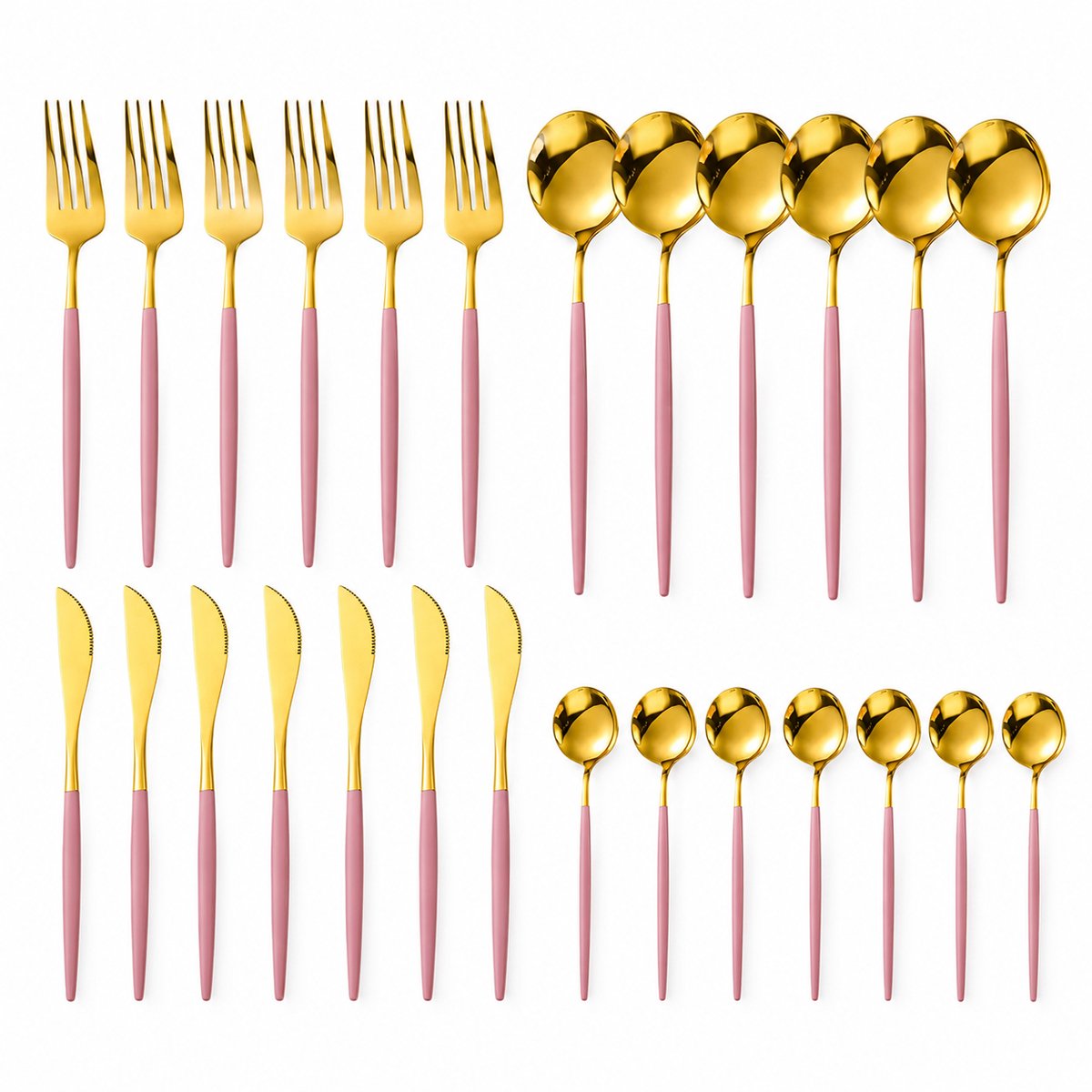 CINK Living® 24-Delige Gouden Bestekset met Roze Handvat – Luxe RVS Bestekset voor 6 Personen – Inclusief Messen, Vorken, Lepels & Theelepels – Vaatwasserbestendig
