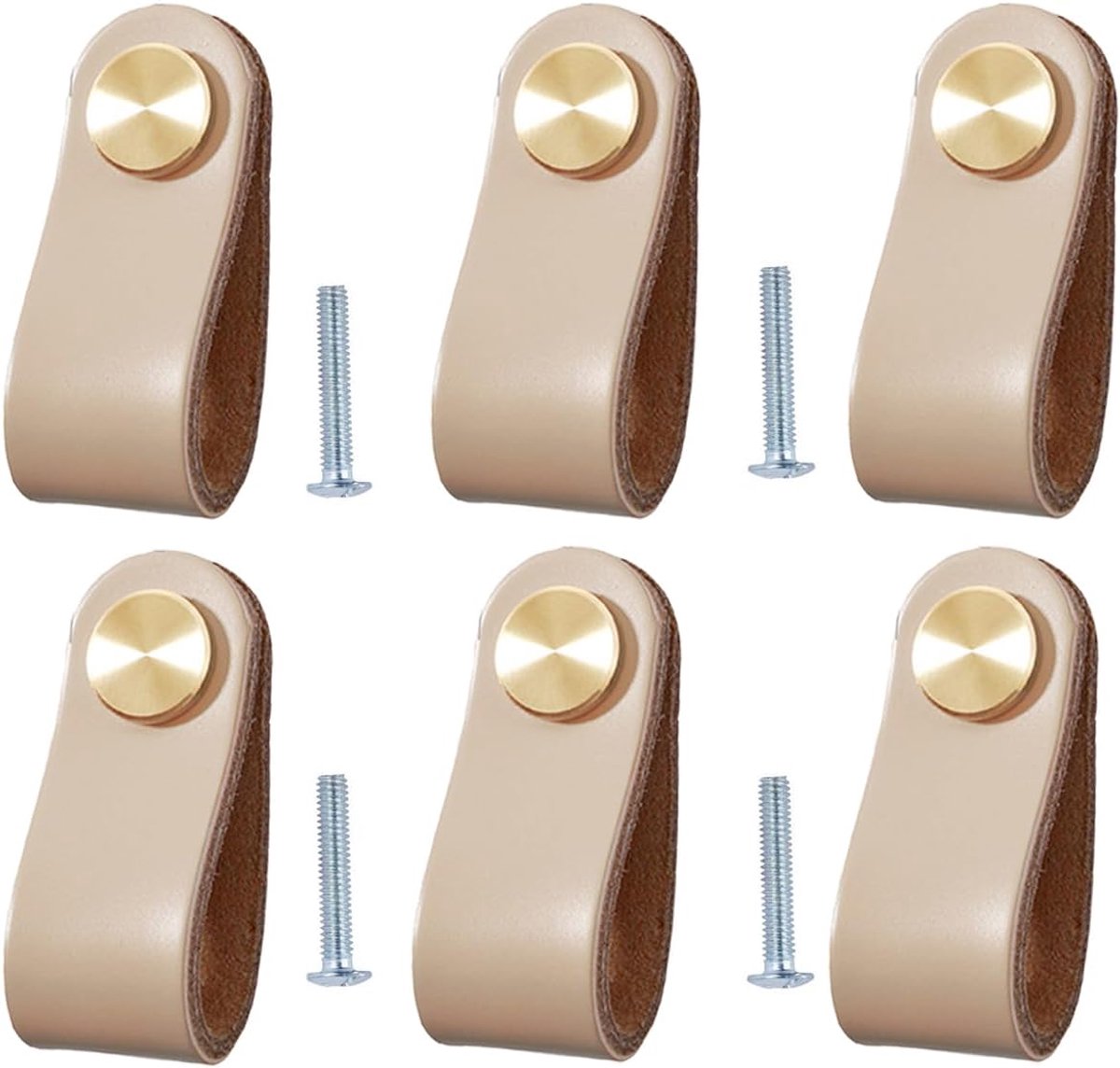 Lederen Handgrepen Set - Meubelknoppen Leer - 6 Stuks - Zacht Rundleer Met Messing Kop - Voor Keuken En Kast Renovatie - Lichtkleur