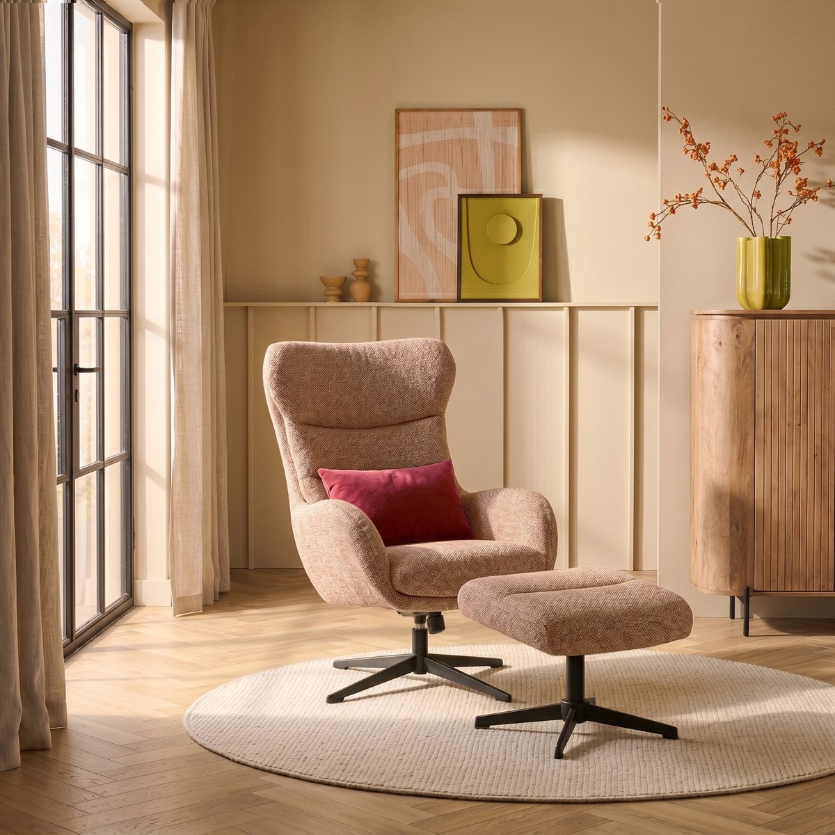 Relaxfauteuil Jack - Cognac Stof - Draaibaar & Met Hocker