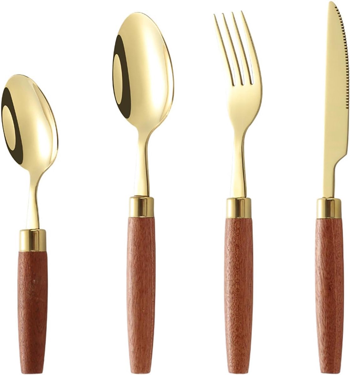 Gouden Bestekset - Roestvrij Staal - 6 Personen - Antislip Houten Handvat - Vaatwasserbestendig - Goud