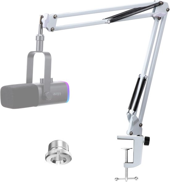 Witte microfoonarm met microfoonhouder, adapter en tafelklem, op witte achtergrond.