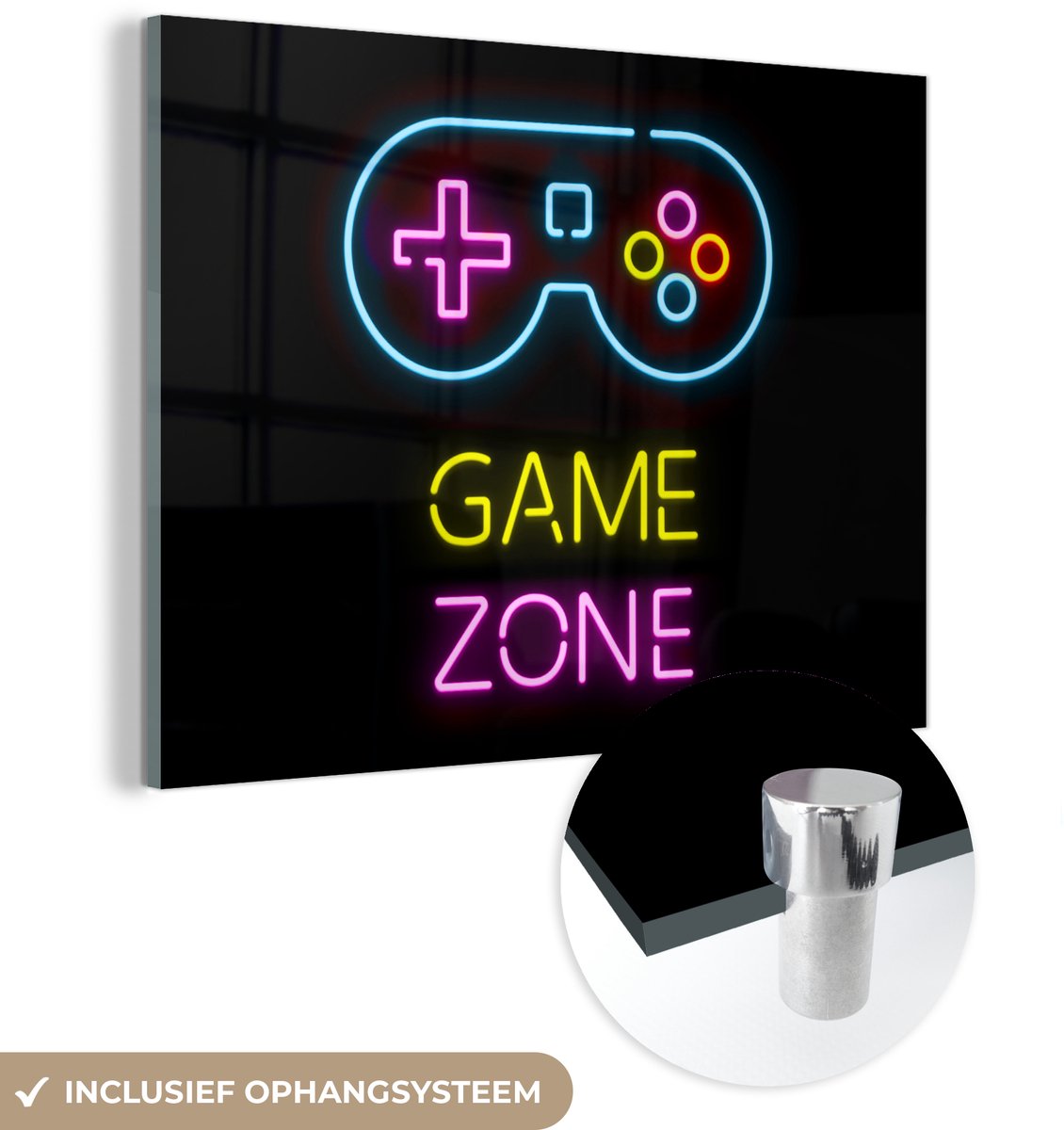 ® Glasschilderij 80x60 cm - Schilderij acrylglas - Controller - Game - Neon - Zwart - Quotes - Game zone - Foto op glas - Muurdecoratie woonkamer - Wanddecoratie slaapkamer - Schilderijen