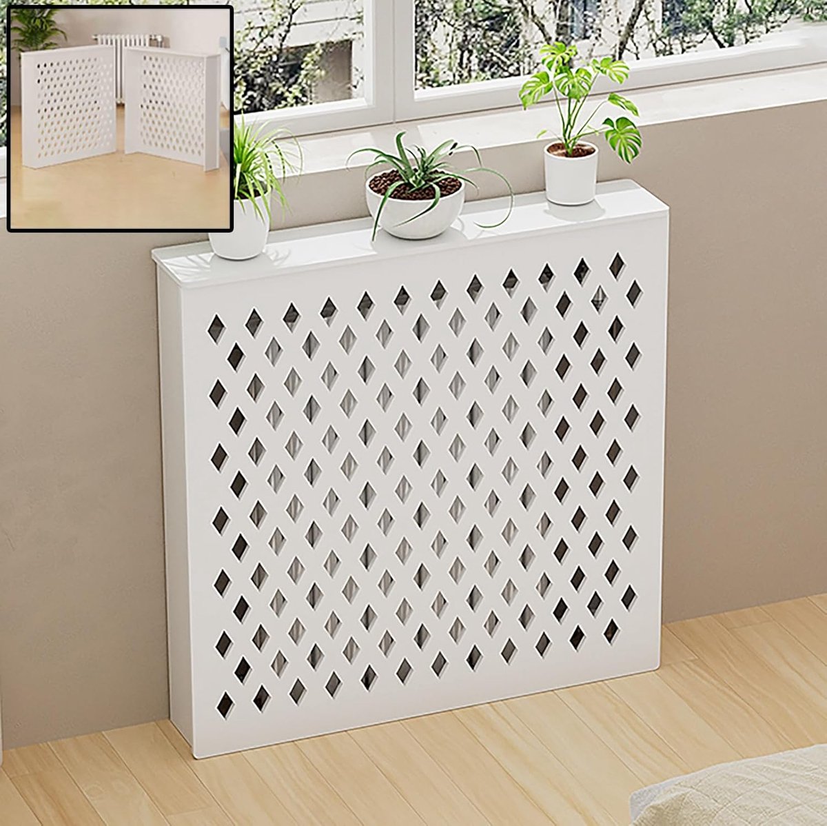 Houten radiatorombouw - Verwarmingsafdekking opbergkast - Ruimte decoreren - Met lamellenrooster - 60x60x15 cm - Houtkleur