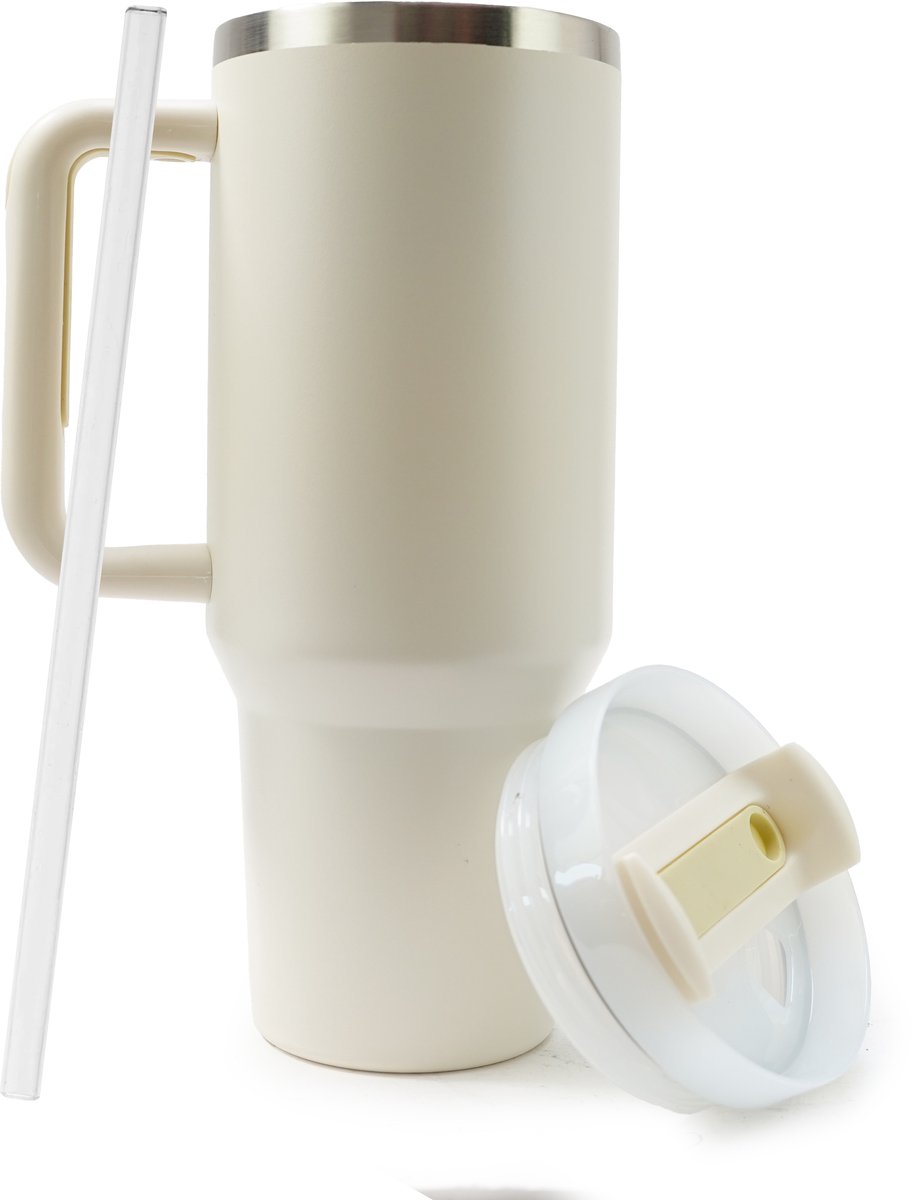 Eurocatch Tumbler 1.2L - Thermosbeker met Rietje en Handvat - 11 uur koud 48 uur met ijs - Vaatwasserbestendig - Beige