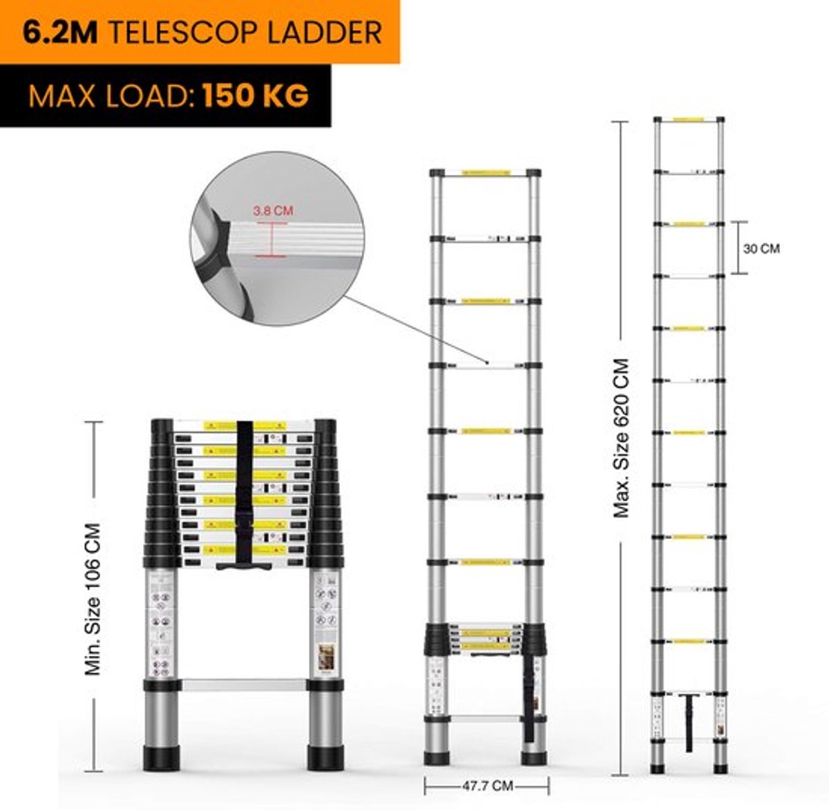Uitschuifbare ladder 6.2 m – Telescopische vouwladder – Aluminium constructie – Antislip poten – Vergrendelbare treden – Inklapbaar ontwerp – Draagbaar – 150 kg draagvermogen – Met afneembare haken – foto 3