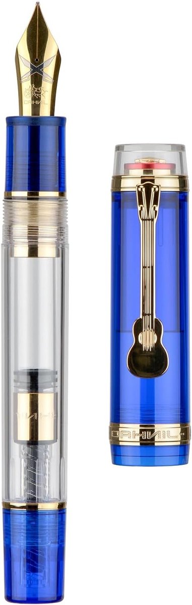 Elegante vulpen met middelgrote veer, gouden gitaarclip en blauw-transparant acryl, inclusief converter
