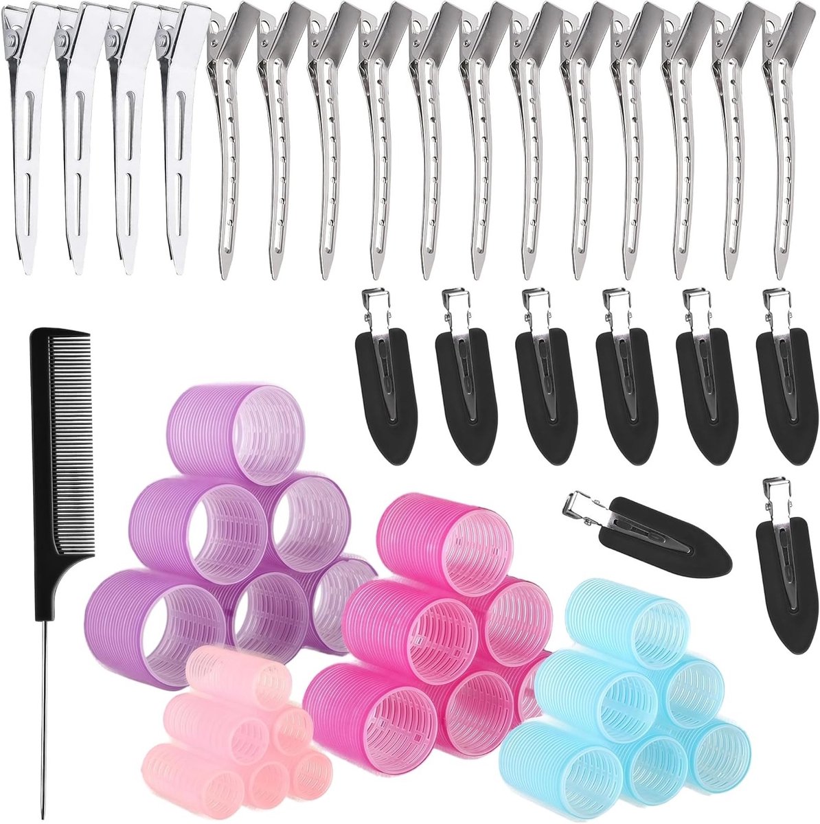 Haardroger Set met Klemmen, 4 Maten (60/48/36/25mm) voor Lang, Middellang en Kort Haar, Zelfklevende Haarrollers met Klemmen voor Perfecte Krullen en Volume