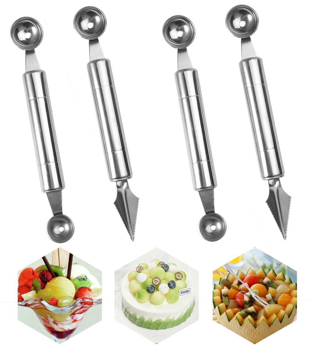 Allecto - Meloen Lepel - Multifunctionele Fruit Snijmes Set - Roestvrij staal - Snijgereedschap voor Groenten - Geschikt voor Watermeloen - Zilver