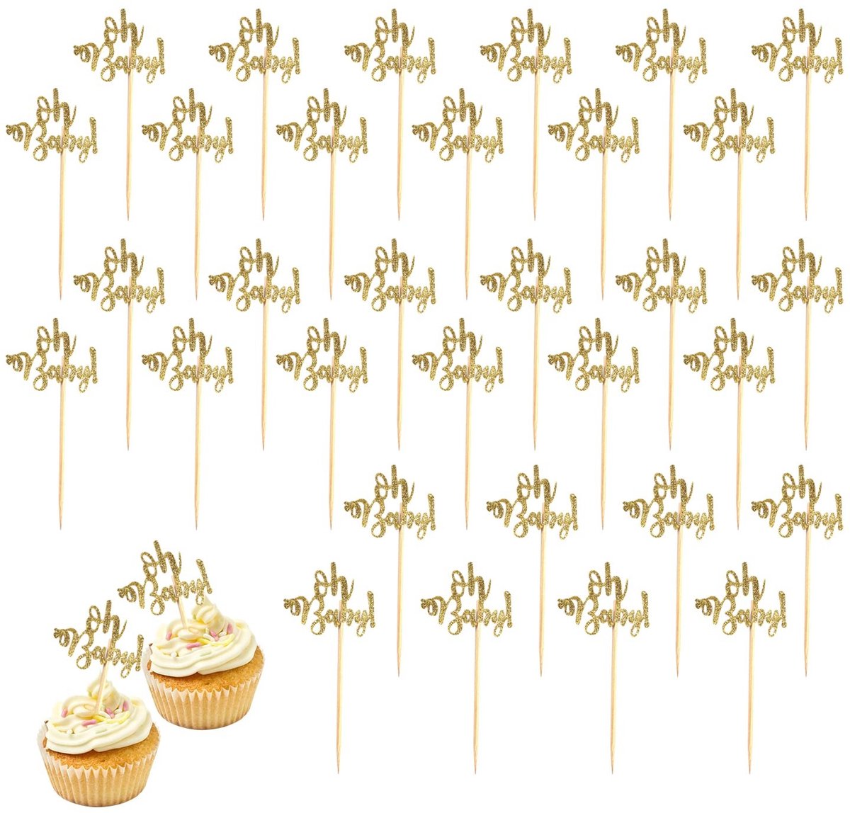 aladdien - Babydoopcake-plugins - Gouden glitter decoratie - Creatieve cake top hat - 32 stuks - Geschikt voor babywelkomstfeesten - Goud
