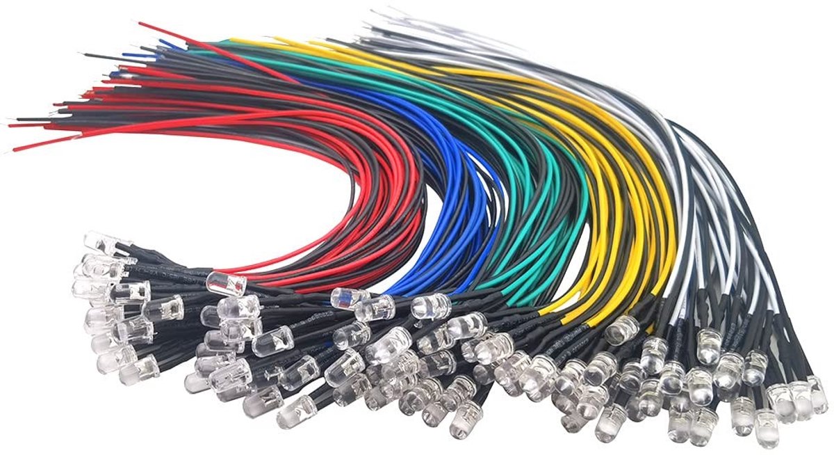 aladdien - 100 stuks 5 mm leds - Voorbekabelde Led - 20 cm kabel - Diverse kleuren - Lichtproject - Geschikt voor hobbyprojects - 5 kleuren