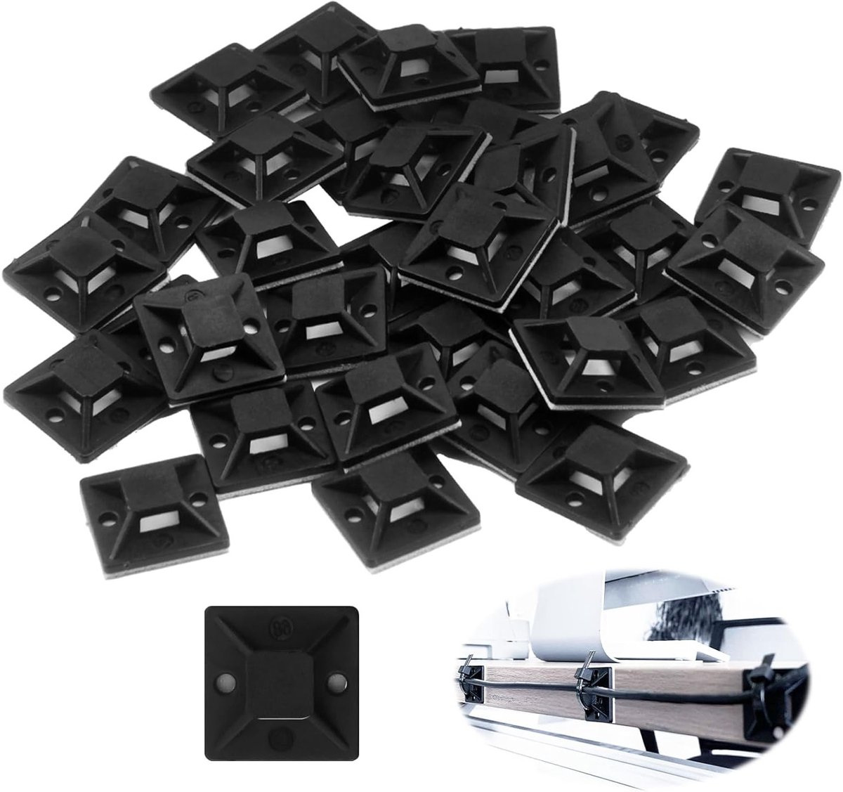 Allecto Plus - 100 stuks zelfklevende kabelbinderhouders 28 mm x 28 mm - Kabelklem montagebasis zwart - Voor kabelbeheer thuisbioscoop - Zoekwoorden: kantoor, werkplaats