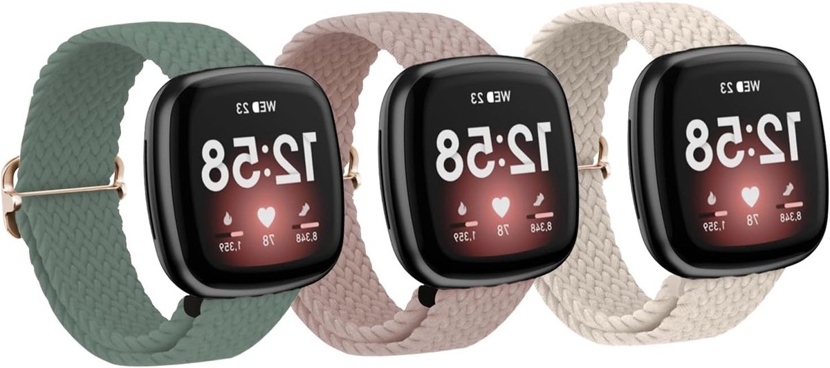 Set van 3 Gevlochten Nylon Horlogebandjes - Verstelbare Elastische Straps voor Fitbit Versa 3-4 en Sense 2, Comfortabel en Duurzaam voor Dames en Heren
