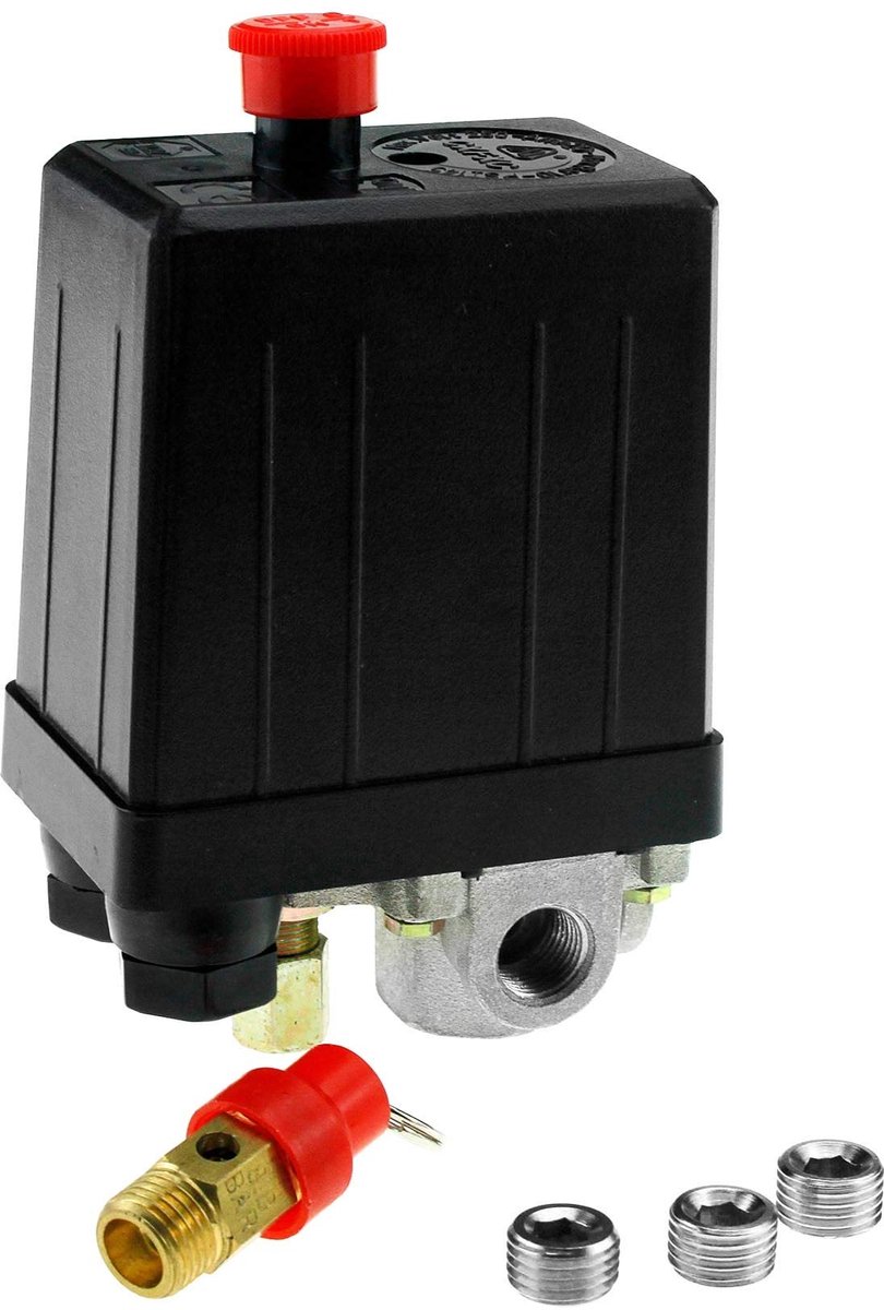 VT Goods - Luchtcompressor Drukschakelaar - 12Bar 175PSI - Veiligheidswaarde en Blanking Plug - 240V 15A - Voor een betrouwbare luchtdruk