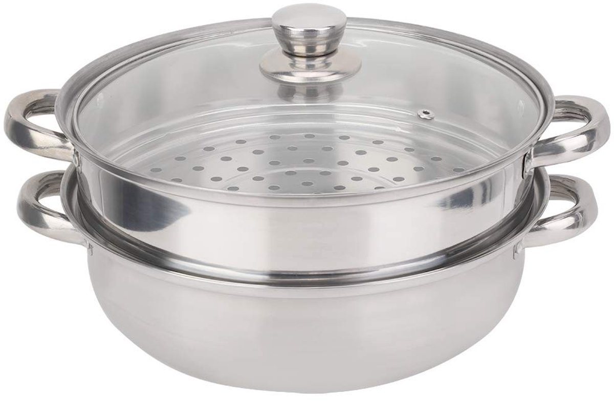 Dailygoody - Stalen Pot Met Glazen Deksel - 2-Laags Ontwerp - Vaatwasserbestendig - Zilver - Stock Pot Pan - Ideaal voor Koken - 27 cm