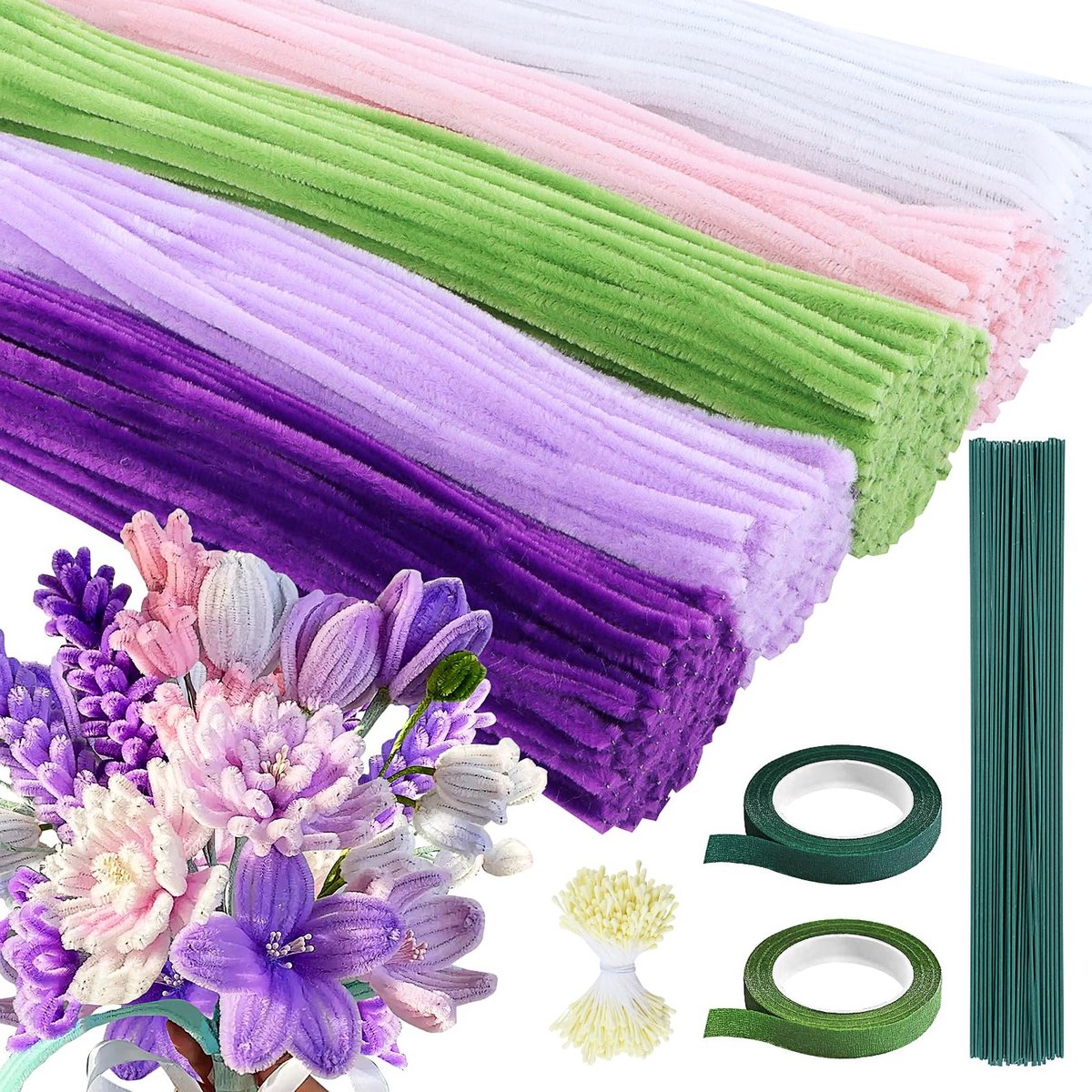 Kleurige pijpenreinigers voor het maken van bloemen - 500 stuks in 5 kleuren, ideaal voor DIY knutselprojecten en bloemstukken