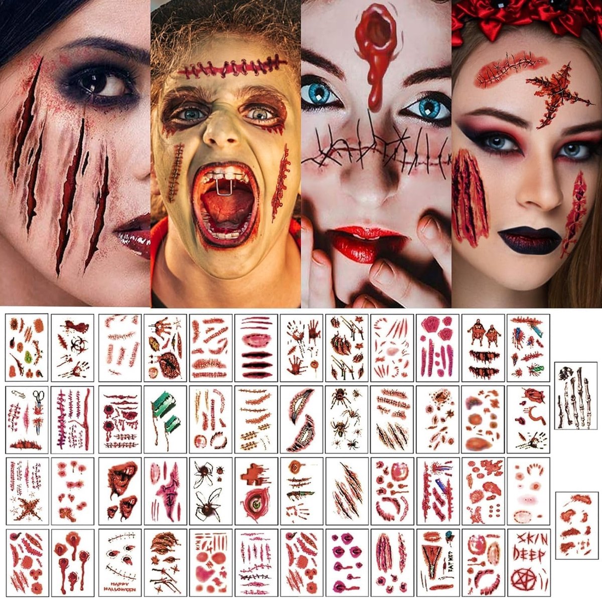 350 Stuks Realistische Halloween Tatoeages voor Make-up en Kostuums - Schrikwekkende Littekens en Wonden voor Feestjes en Maskerades