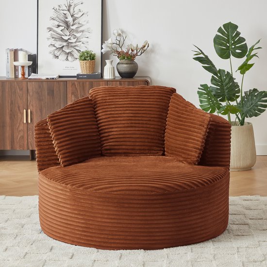 REDOM Ronde Fauteuil + Armstoel - Diepe zitting met pocketveren - Moderne fauteuil voor woonkamer of slaapkamer - Zachte cordstof - Oranje - 124 x 113 x 86 cm