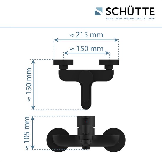 Afmetingen van matzwarte badkraan: 215 mm breed, 150 mm hartafstand, 105 mm hoog.