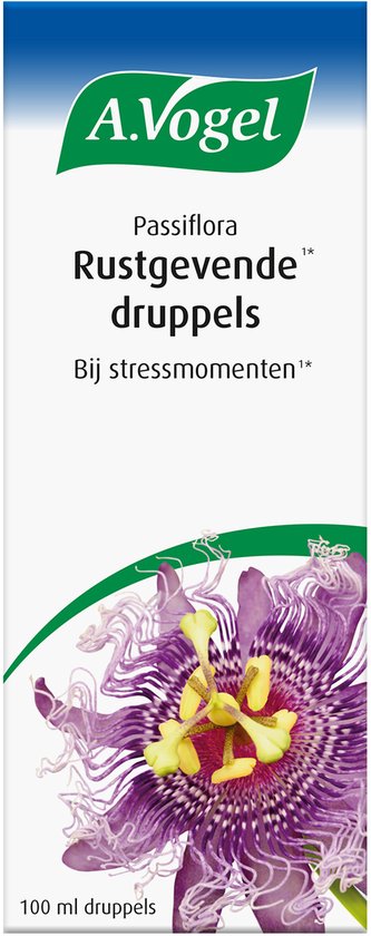 Verpakking A. Vogel Passiflora Rustgevende druppels met passiebloem illustratie.