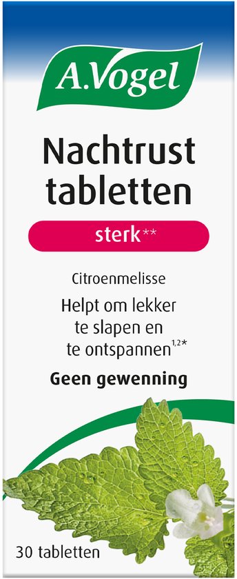 Verpakking A.Vogel Nachtrust tabletten sterk: citroenmelisse, helpt ontspannen en slapen. Geen gewenning, vegan, lactosevrij. 30 tabletten.