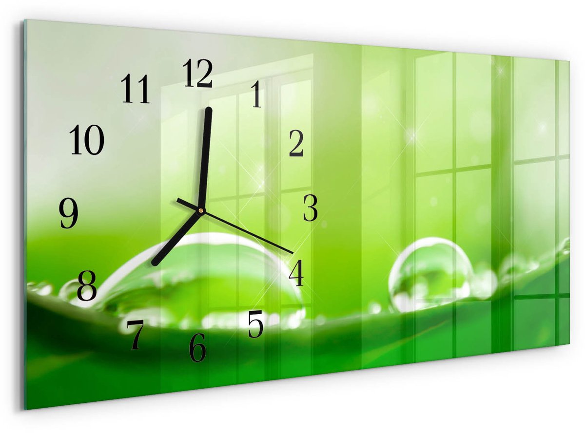 TULUP Wandklok - waterdruppels Klok Glas Met Opdruk - 60x30 cm - Groente Moderne Wandklok Glas - Zwarte Handen - Rechthoekige Wandklok - Decoratieve Glazen Klok - Glazen Wandklok Design Groente - waterdruppels