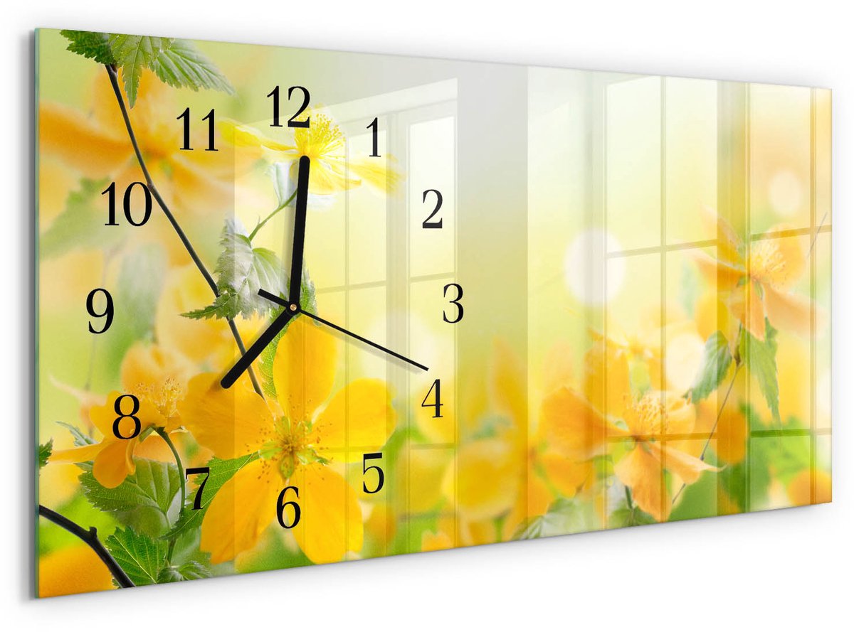 TULUP Wandklok - Bloemen Gekleurde Glazen Klok - 60x30 cm - Geel Glazen Klok Met Print - Zwarte Handen - Rechthoekige Wandklok - Decoratieve Glazen Klok - Glazen Wandklok Design Geel - Bloemen