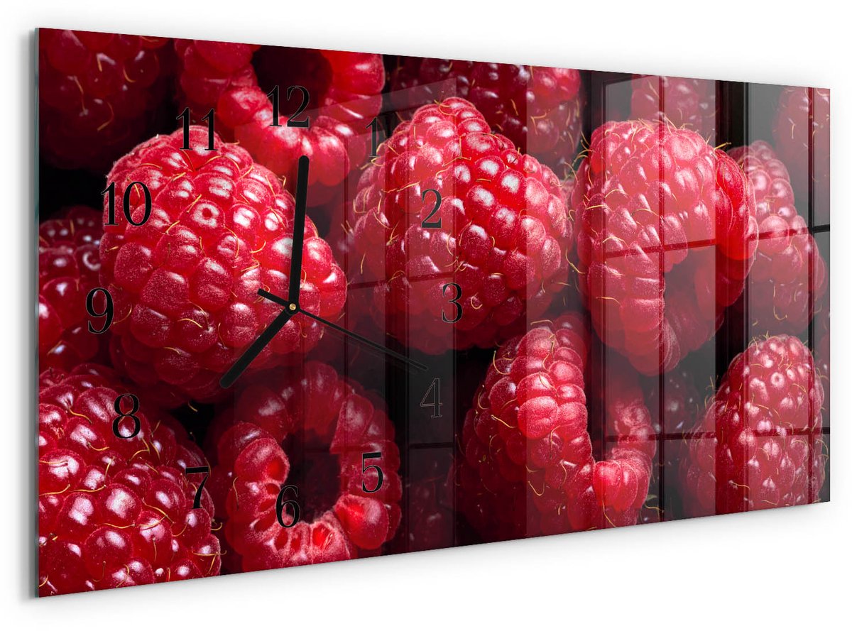 TULUP Wandklok - Frambozen Wandklok Glas Met Motief - 60x30 cm - Rood Decoratieve Glazen Klok - Zwarte Handen - Rechthoekige Wandklok - Moderne Wandklok Glas - Wandklok Glas Decoratie Rood - Frambozen