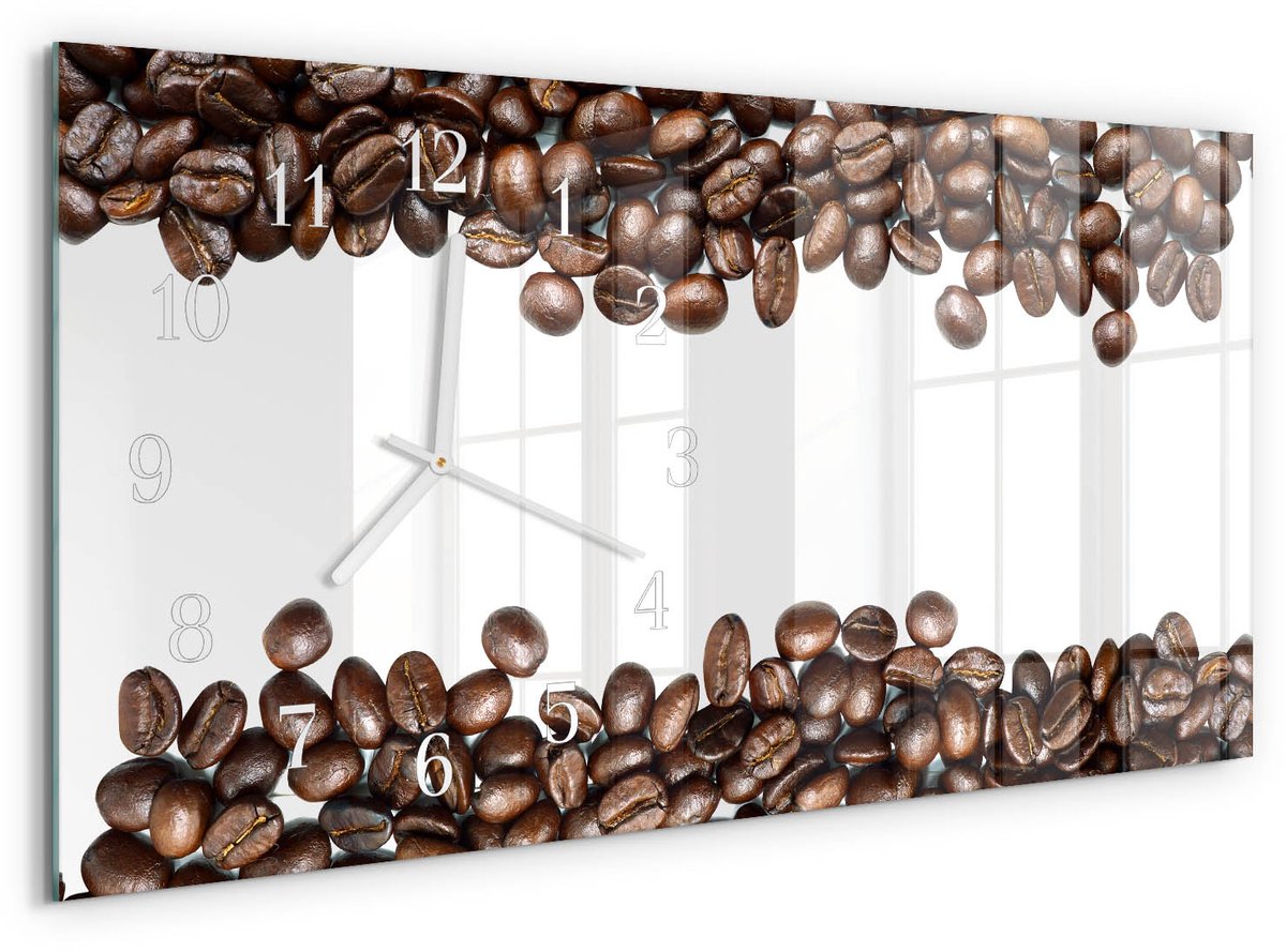 TULUP Wandklok - Koffiebonen Wandklok Glas Met Motief - 60x30 cm - Bruin Decoratieve Glazen Klok - Witte Handen - Rechthoekige Wandklok - Klok Glas Met Opdruk - Moderne Wandklok Glas Bruin - Koffiebonen