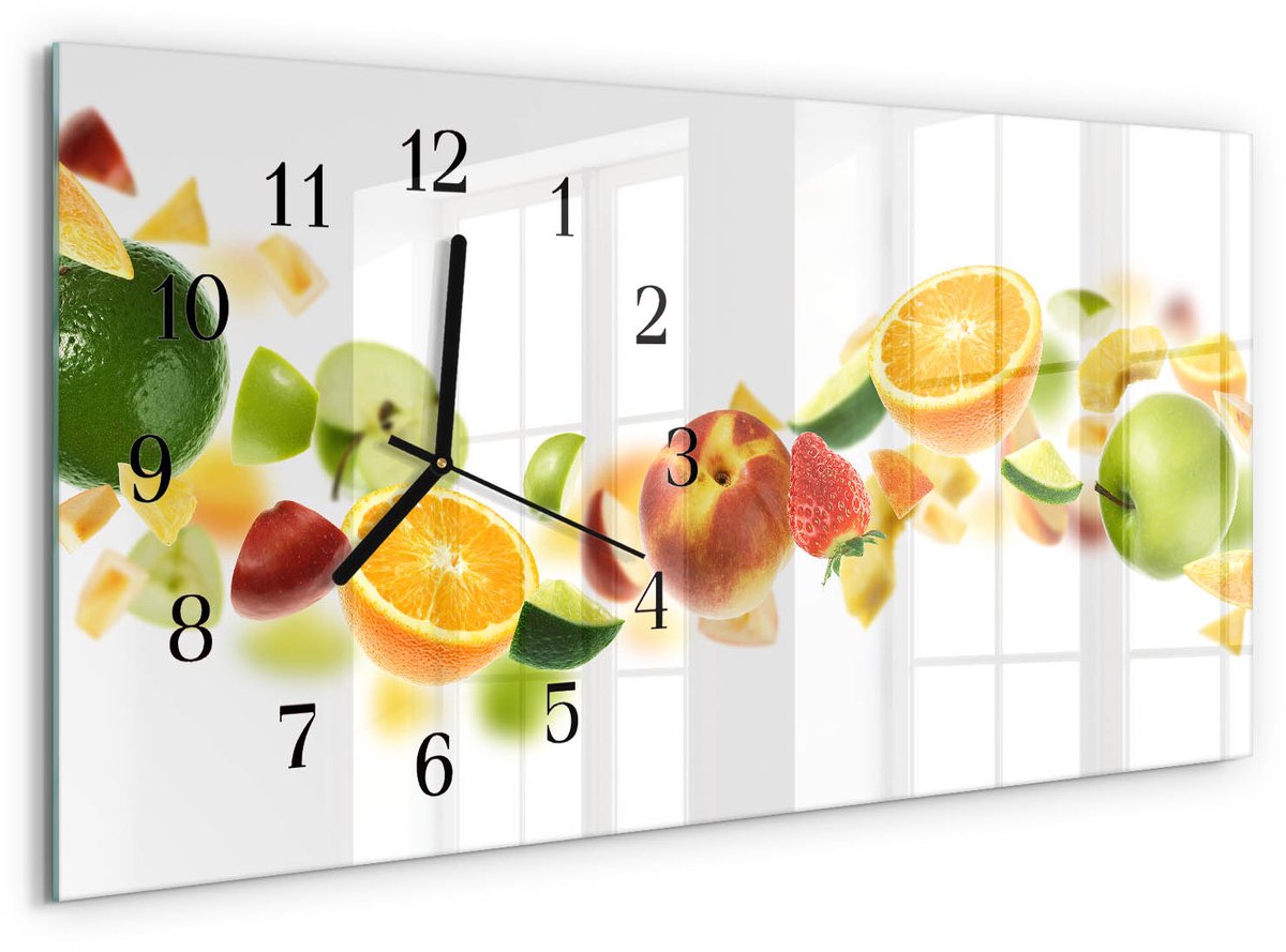 TULUP Wandklok - Fruitmix Decoratieve Glazen Klok - 60x30 cm - Geel Glazen Wandklok Design - Zwarte Handen - Rechthoekige Wandklok - Wandklok Glas Met Motief - Decoratieve Glazen Klok Geel - Fruitmix