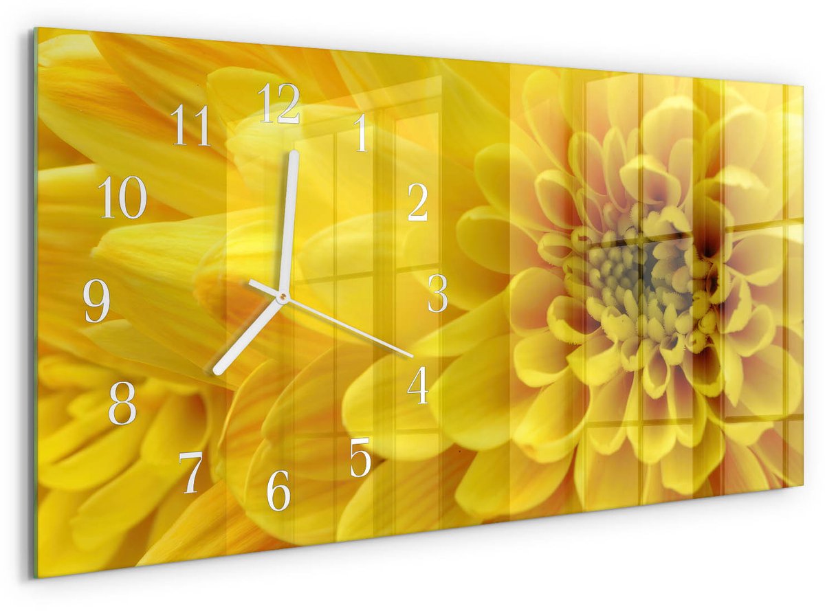 TULUP Wandklok - Chrysant Gekleurde Glazen Klok - 60x30 cm - Geel Glazen Klok Met Print - Witte Handen - Rechthoekige Wandklok - Moderne Wandklok Glas - Wandklok Glas Decoratie Geel - Chrysant