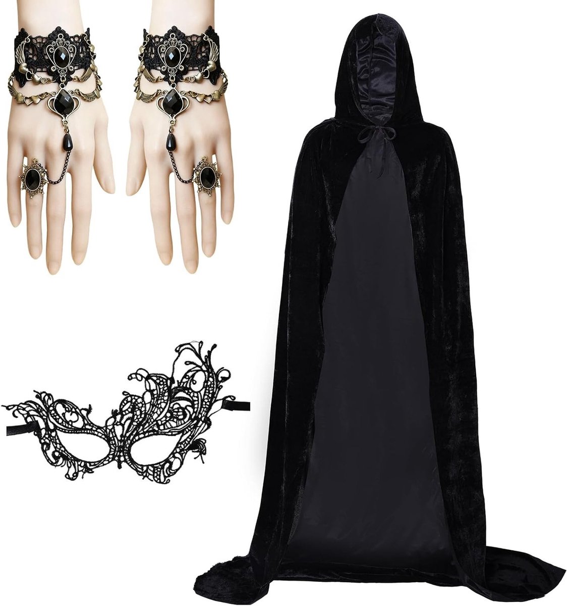 Set van 4 Zwarte Fluwelen Capes van 170 cm met Masker en Vingerketting voor Middeleeuwse Vampier en Heks Kostuumaccessoires voor Carnaval en Cosplay Feesten