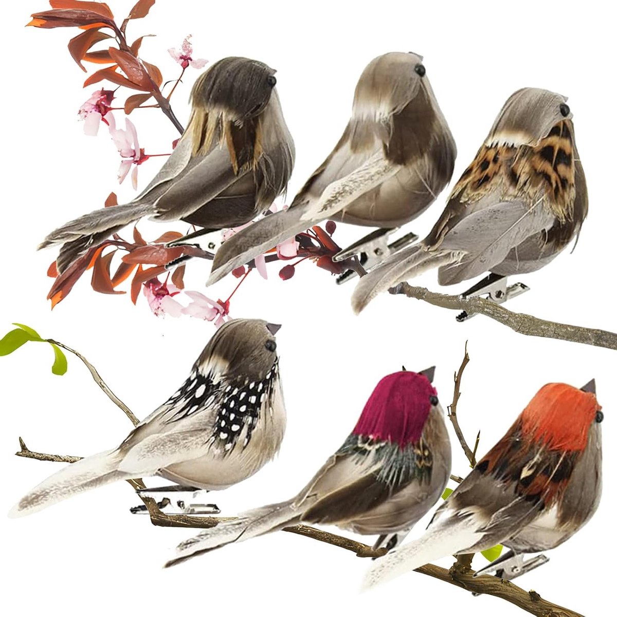 SnelShoppen - Kunstmatige Vogels met Veertjes en Clip, 6 Stuks, Bruin, Klassiek, Decoratief, Multifunctioneel voor Feesten, Tuin en Huis