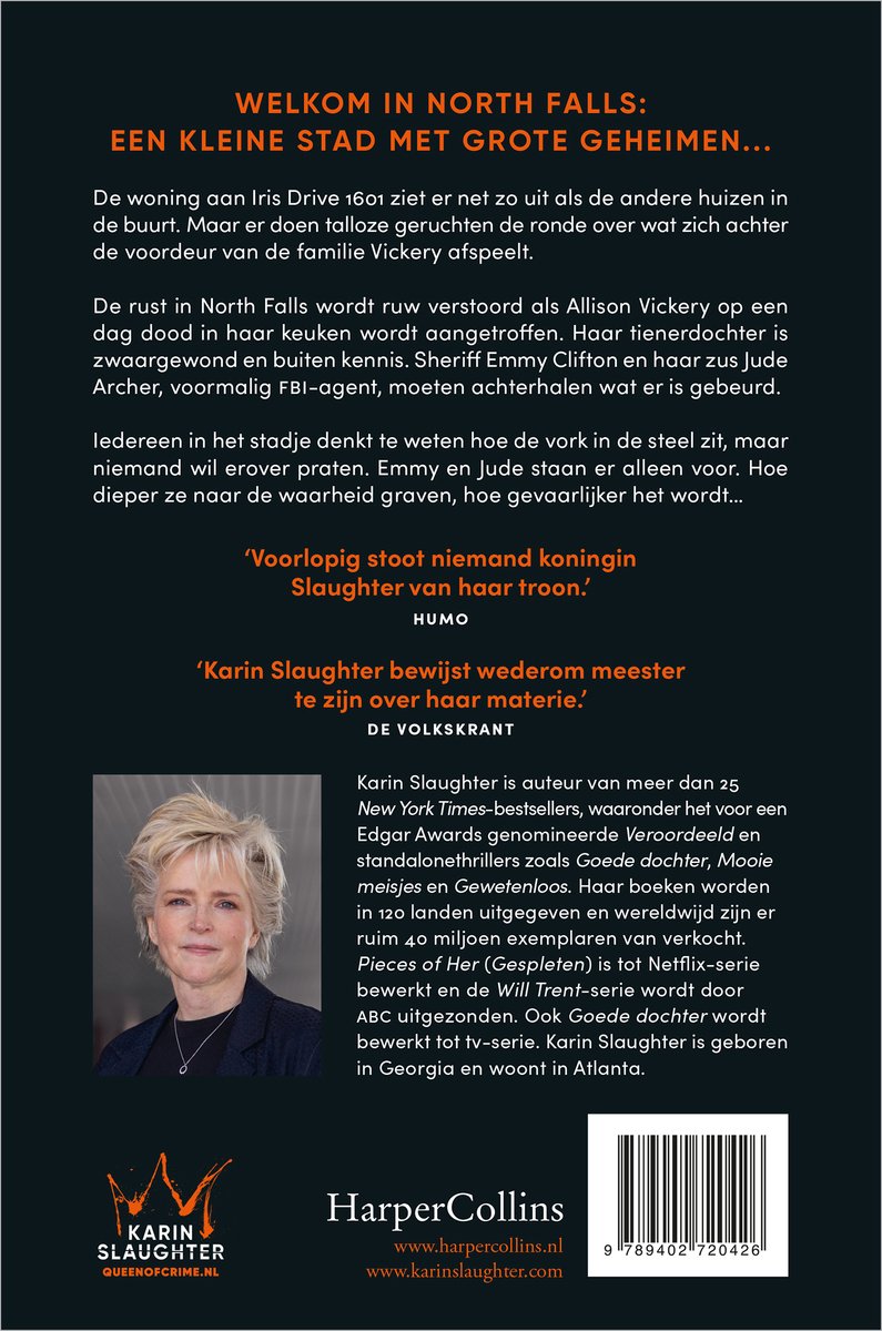 Boekomslag: Karin Slaughter, Welkom in North Falls, een kleine stad met grote geheimen. Foto van Karin Slaughter.