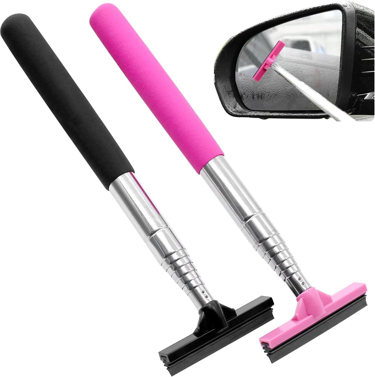 Professionele raamtrekker, auto, klein, intrekbare zijspiegelwisser tot 98 cm, ruitenwisser voor auto, ruitenwisser voor auto, mini-ruitenwisser voor achteruitkijkspiegel (zwart + roze)