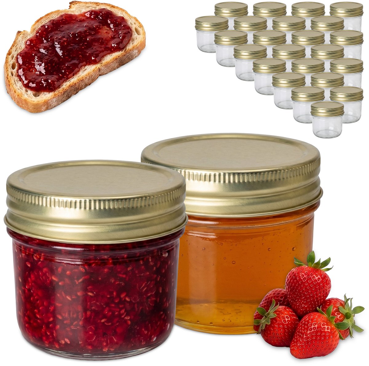 Inmaakglazen - 25 stuks - 120 ml - transparant - met gouden deksels - glas