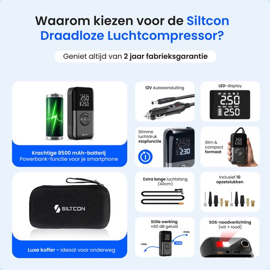 Siltcon® Elektrische Fietspomp - Luchtcompressor - Tot 10.8 Bar - 8500 mAh Powerbank - Compressor - Bandenpomp Auto - Elektrische Bandenpomp - Luchtpomp – Universeel – Oplaadbaar & 12V – 35l/min – SOS Lamp - Noodpakket - Incl. 10 Opzetstukjes en Hoes