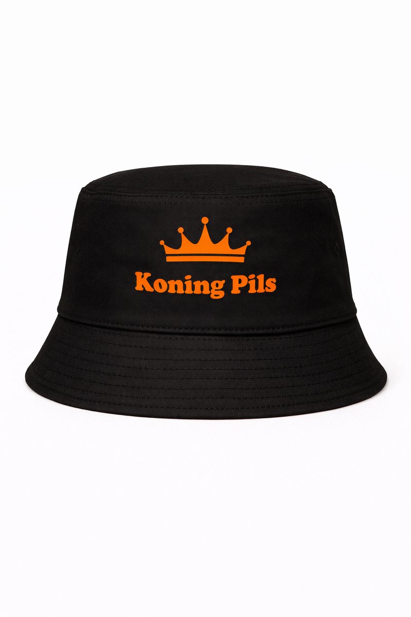 Koning Pils Hoed - Bucket Hat – Zwart – Unisex – Perfect voor EK, WK, Koningsdag & Festivals
