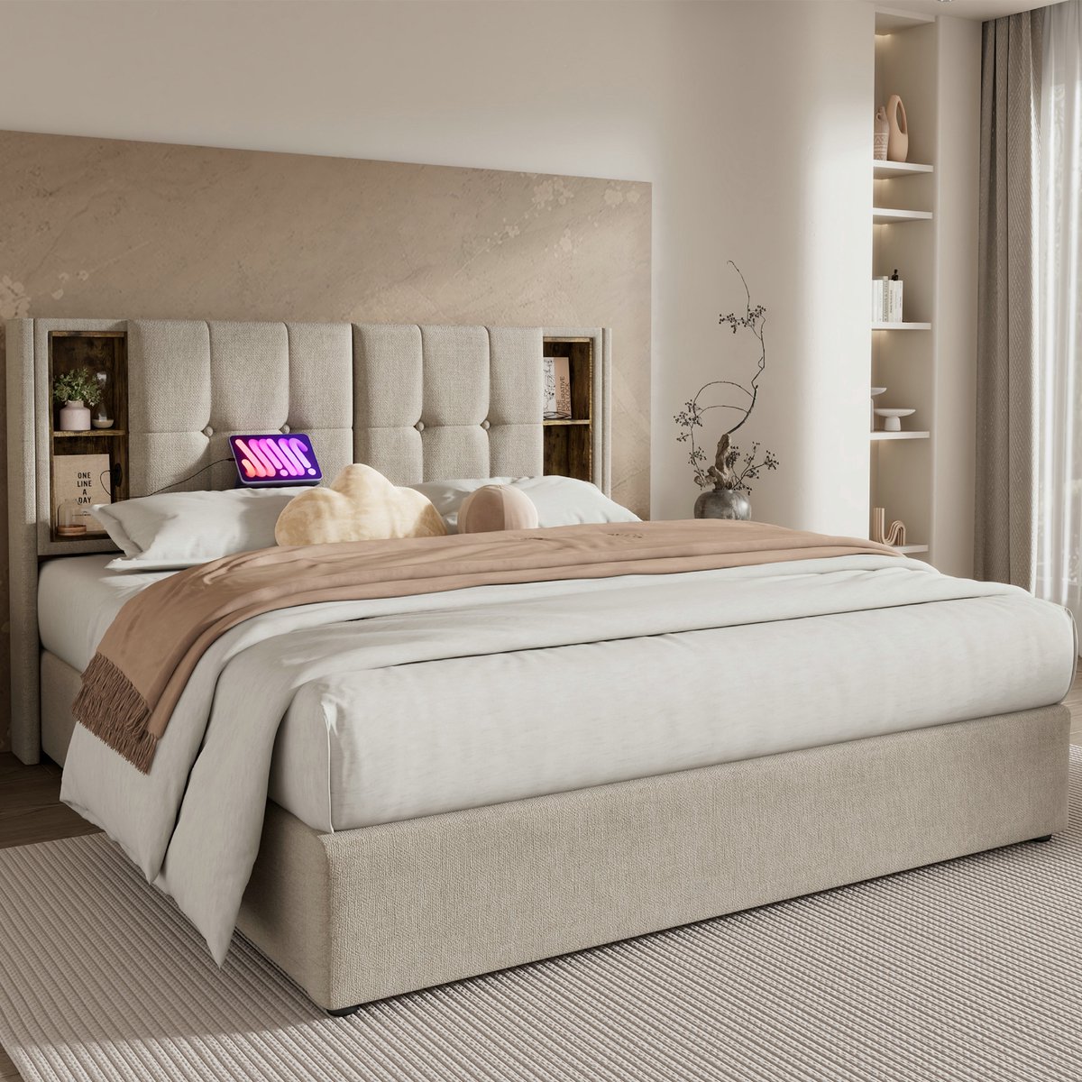 VVBV Gestoffeerd Opbergbed 160x200 cm met Houten Lattenbodem, Lattenbodem - Draadloos Laden, USB, Lades - Hout/Linnen Vintage Bruin
