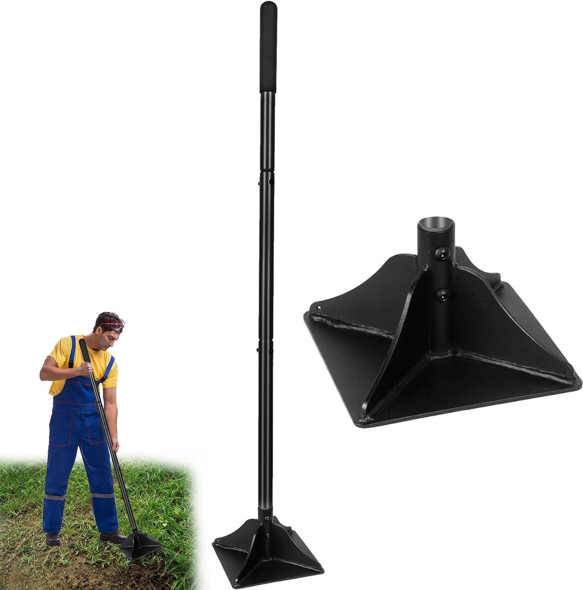 Stalen Stamper - Bodemverdichter - Grond Egaliseren - Verstelbaar Handvat - 20 cm Kop - Zwart