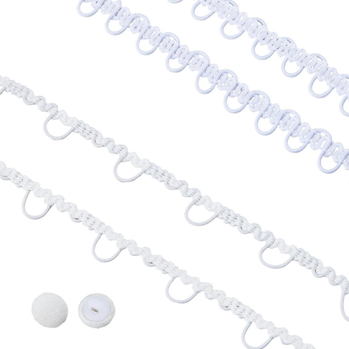 Elastische lussen in trimmelwit met 10 plastic knopen voor kostuum, handwerk en bruiloftdecoratie - 20 yards