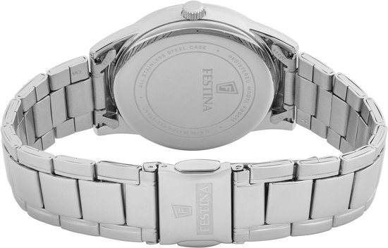 Achterkant van een zilverkleurige herenhorloge met metalen band. Het deksel toont Festina logo en specificaties.