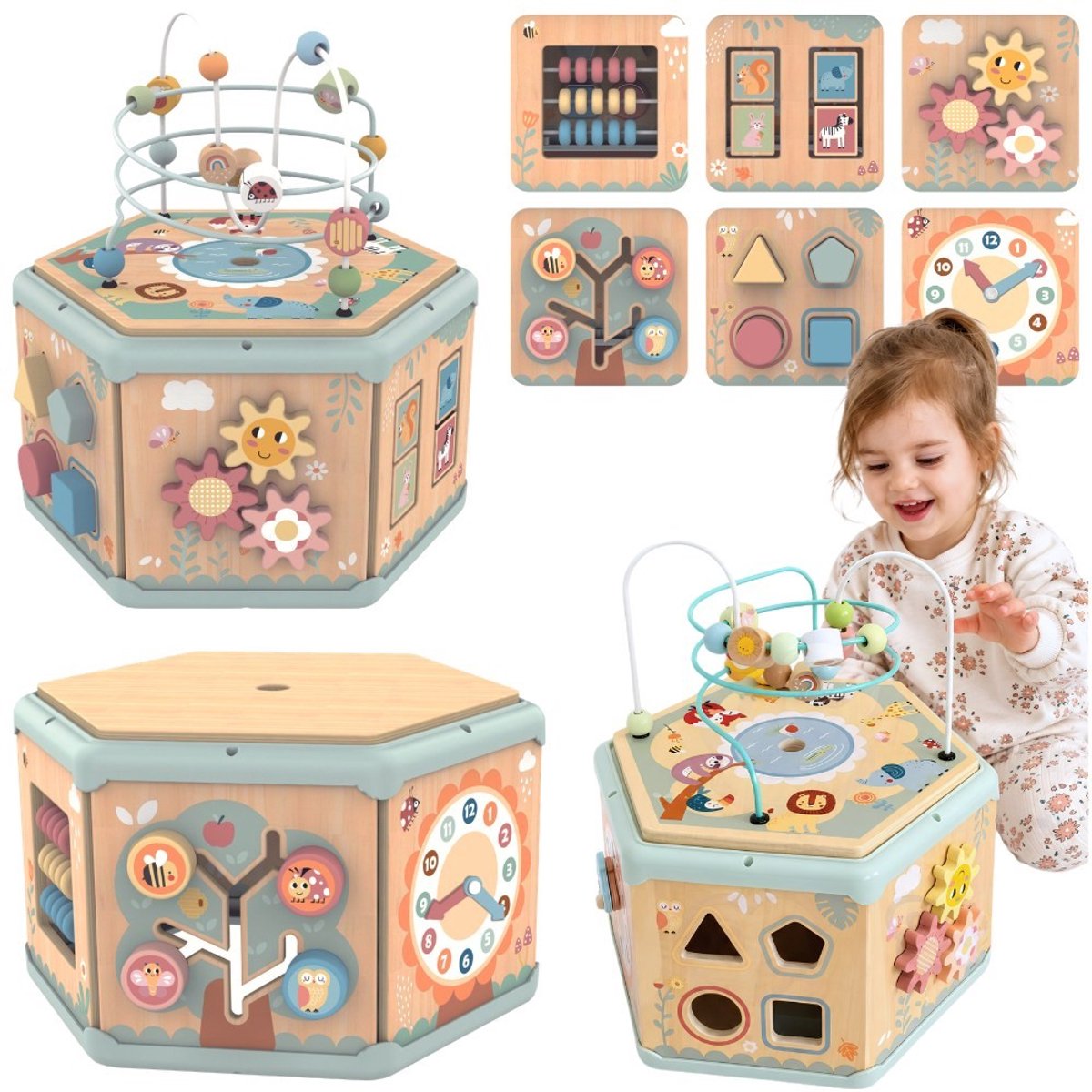 Tooky Toy Activiteitenkubus - FSC Hout - 7-in-1: Kralenspiraal, Telraam en meer - Geschikt voor 2+ Jaar - Educatief & Montessori Speelgoed