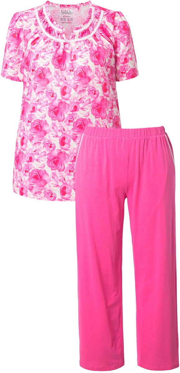 Ulla Popken Dames - Pyjama rozen kant ronde hals korte mouwen - Roze - Maat 42+