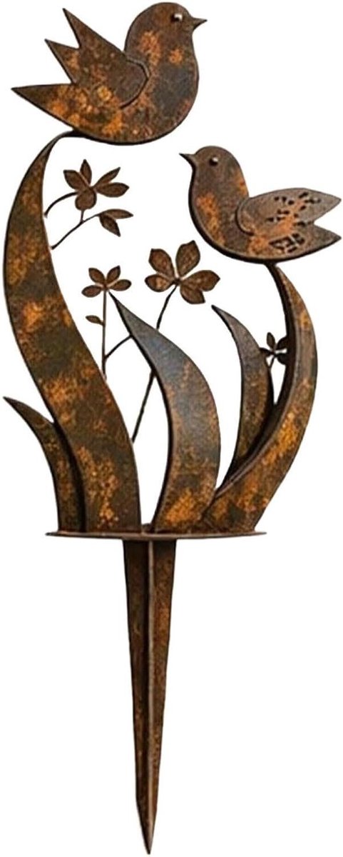 Tuin Decoratie - Metalen Staker - Buiten Verfraaien - Vogel Bloem Motief - 30x20x76cm - Roestkleur