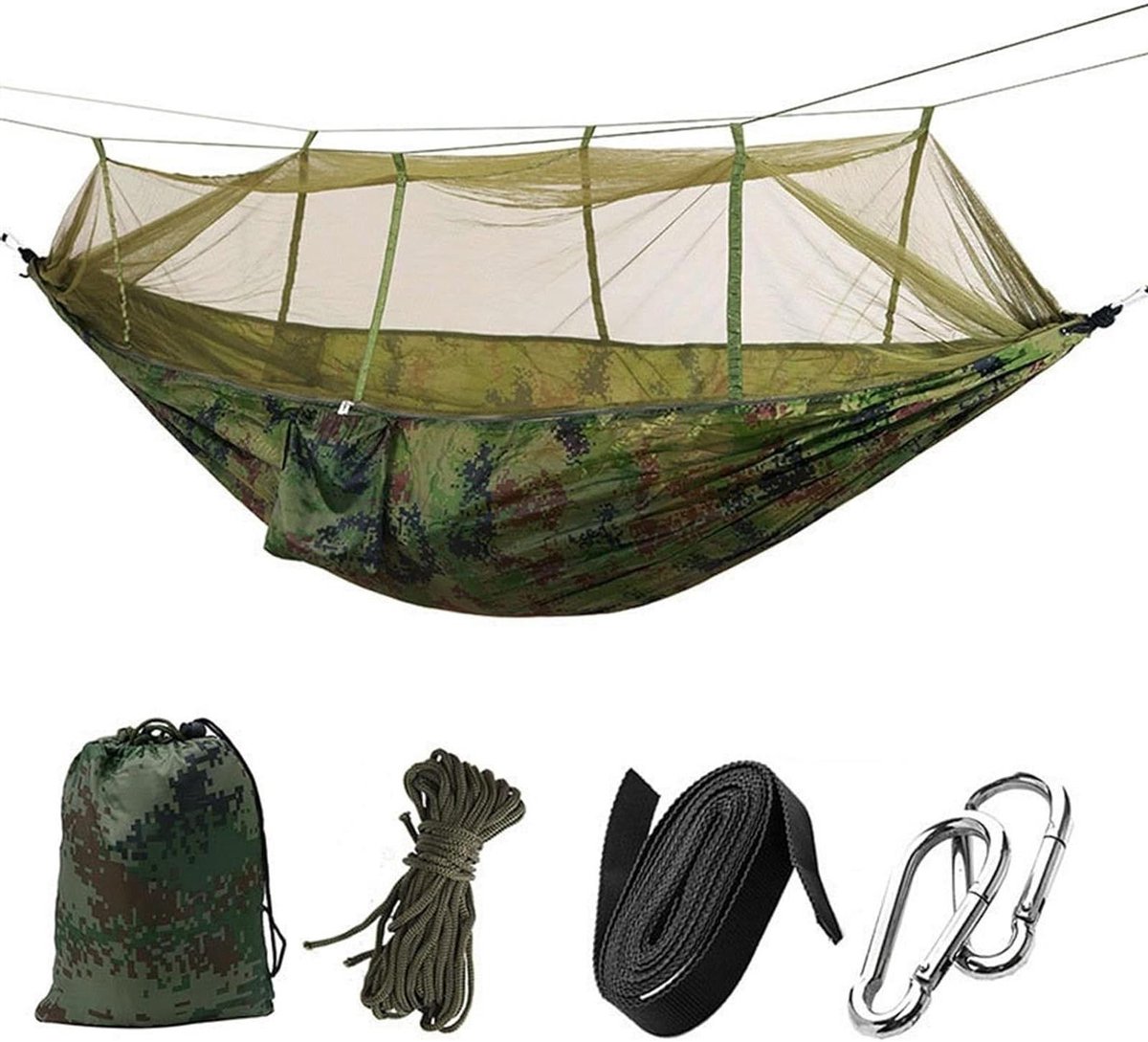 Hangmat met Klamboe voor Buitenleven - Draagbare Parachute Hangmat voor 2 Personen, Maximaal Laadvermogen 200 kg, Camouflage Kleur