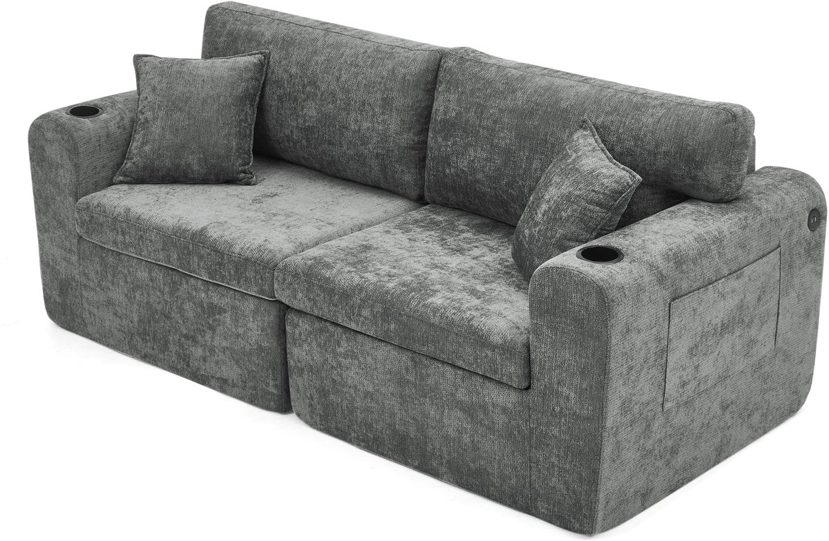 Merax 2-Zits Relaxbank Grijs - Chenille Bank met USB-Laadfunctie - Bekerhouders en Zijvakken - Inclusief Kussens - Voor Kleine Ruimtes