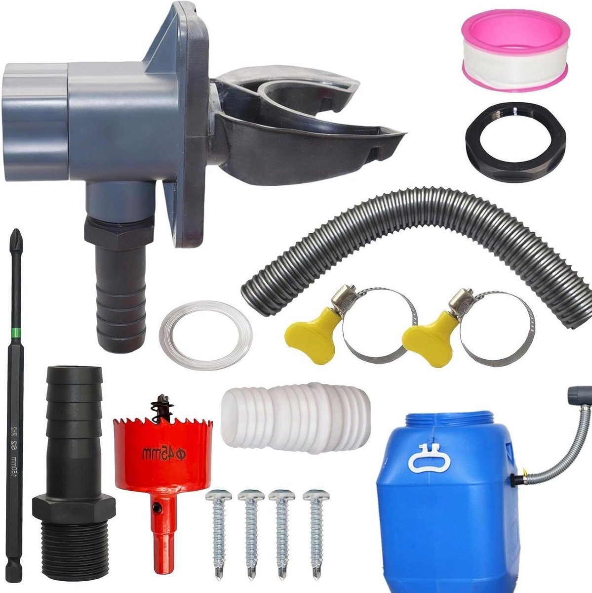 Regenwateropvang Set - Dakgoot Onderdelen - Tuin Besproeien - Snelle Montage - 70-110 mm - Grijs