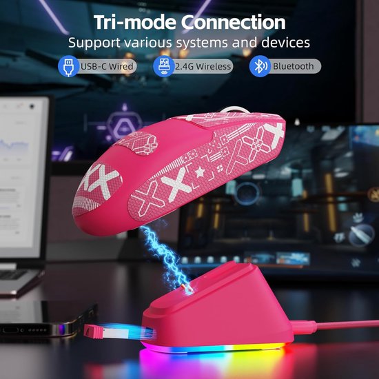Draadloze Gamingmuis - Ergonomische Muis - PC Gaming - Magnetisch Oplaadstation - 62 gram - Berry Rood — afbeelding 2