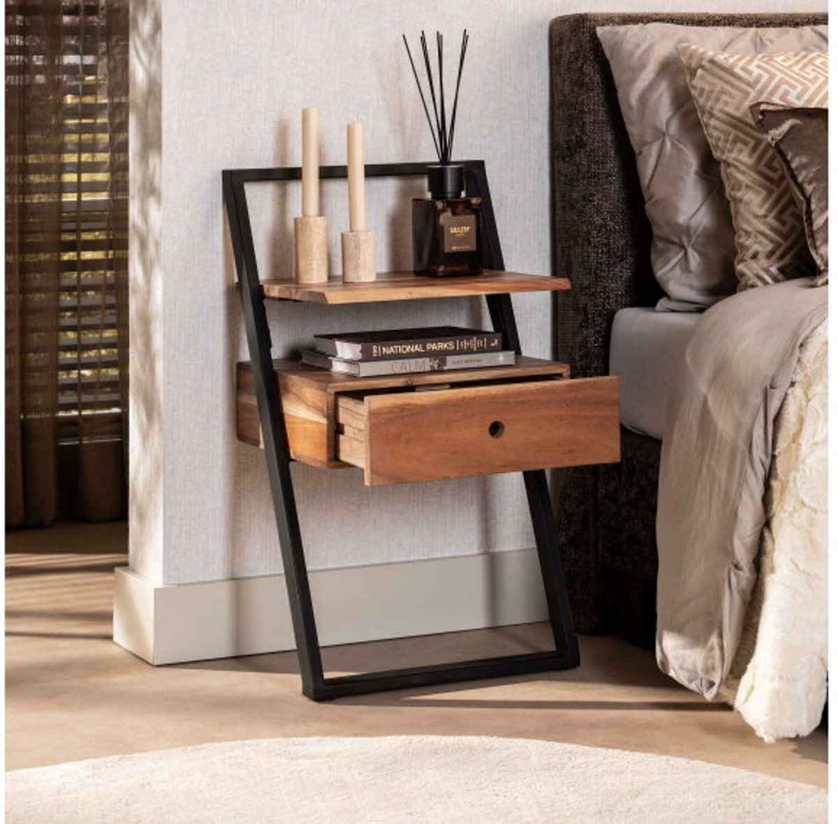 Meubelplaats Lento - Nachtkastje - 1 lade en legplank - Acaciahout naturel - 45x35x77 cm massief acacia naturel