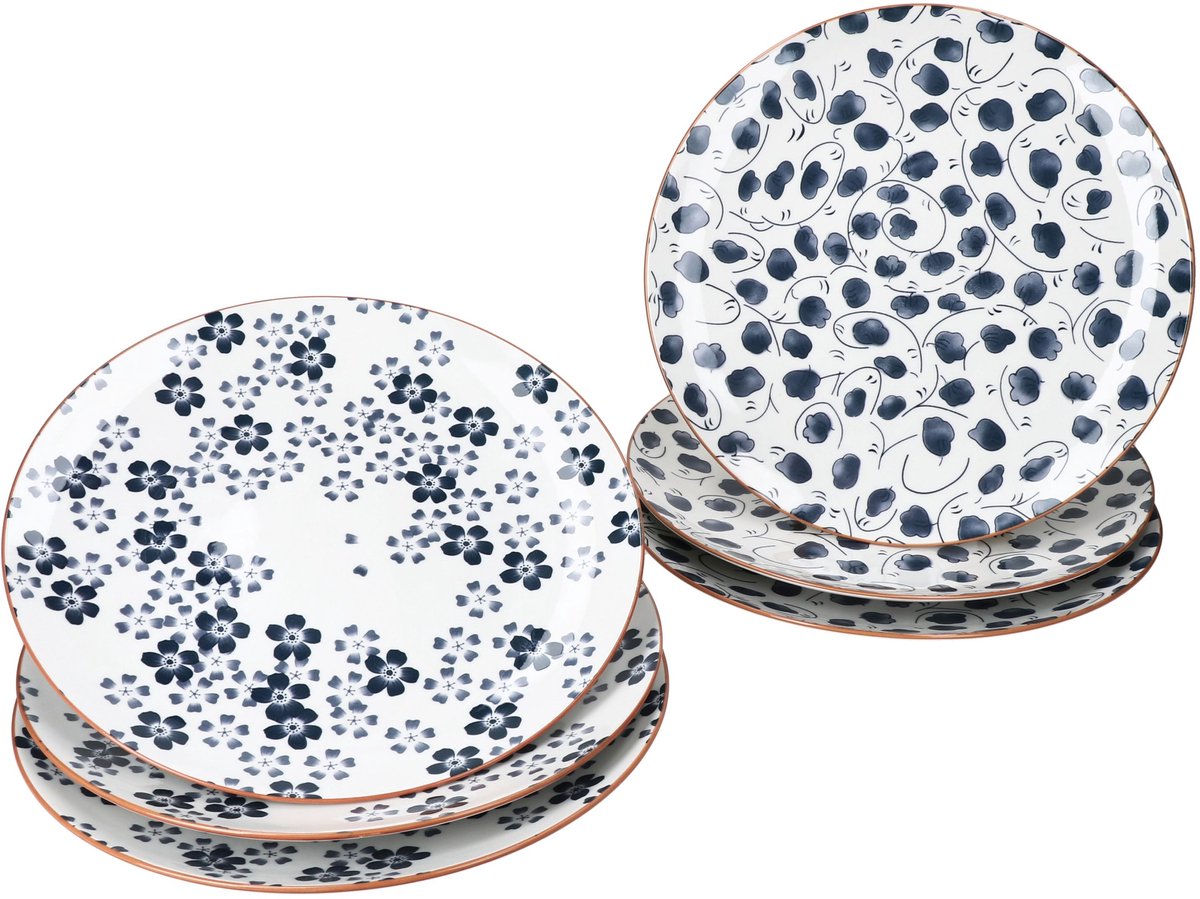 6-delige set TOTTO dinerborden blauw & wit 2 motieven van steengoed – 24324640